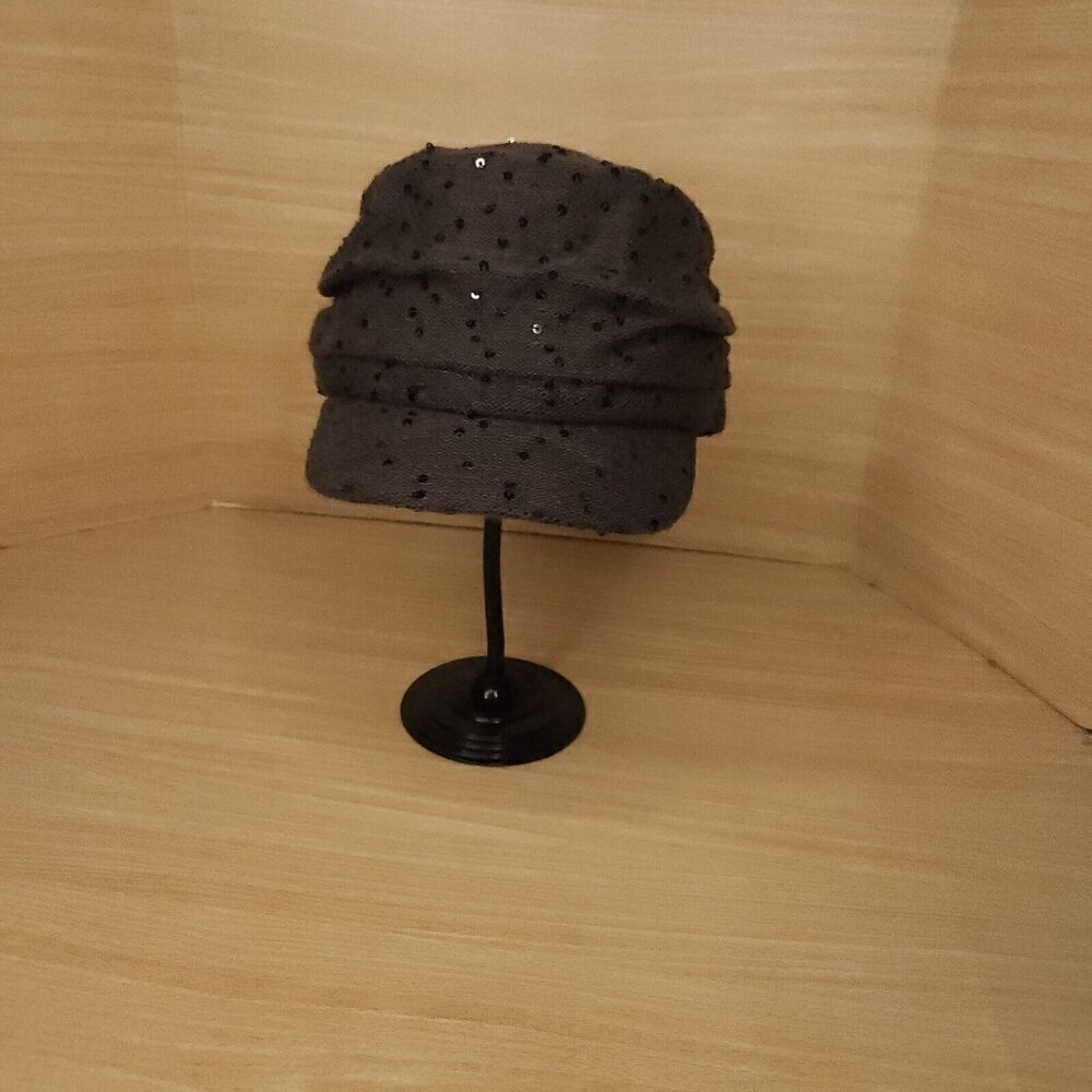 Newsboy Style Grey Taupe Cap Hat With Sequin Detail